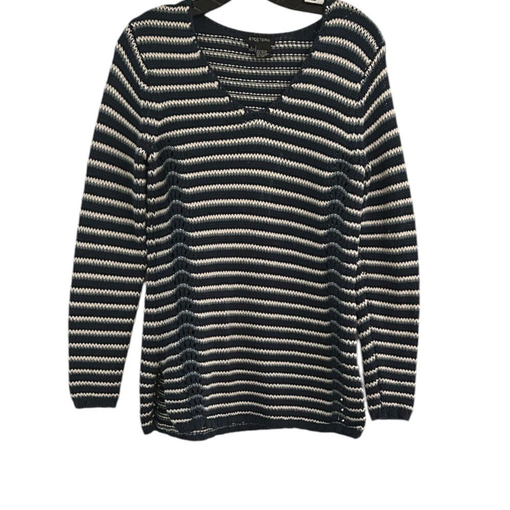 Etcetera 100% Cotton V-Neck Blue White Striped Sweater Size Small